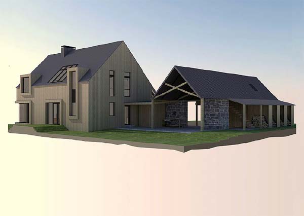 model view of the proposed house and garage from the South-East